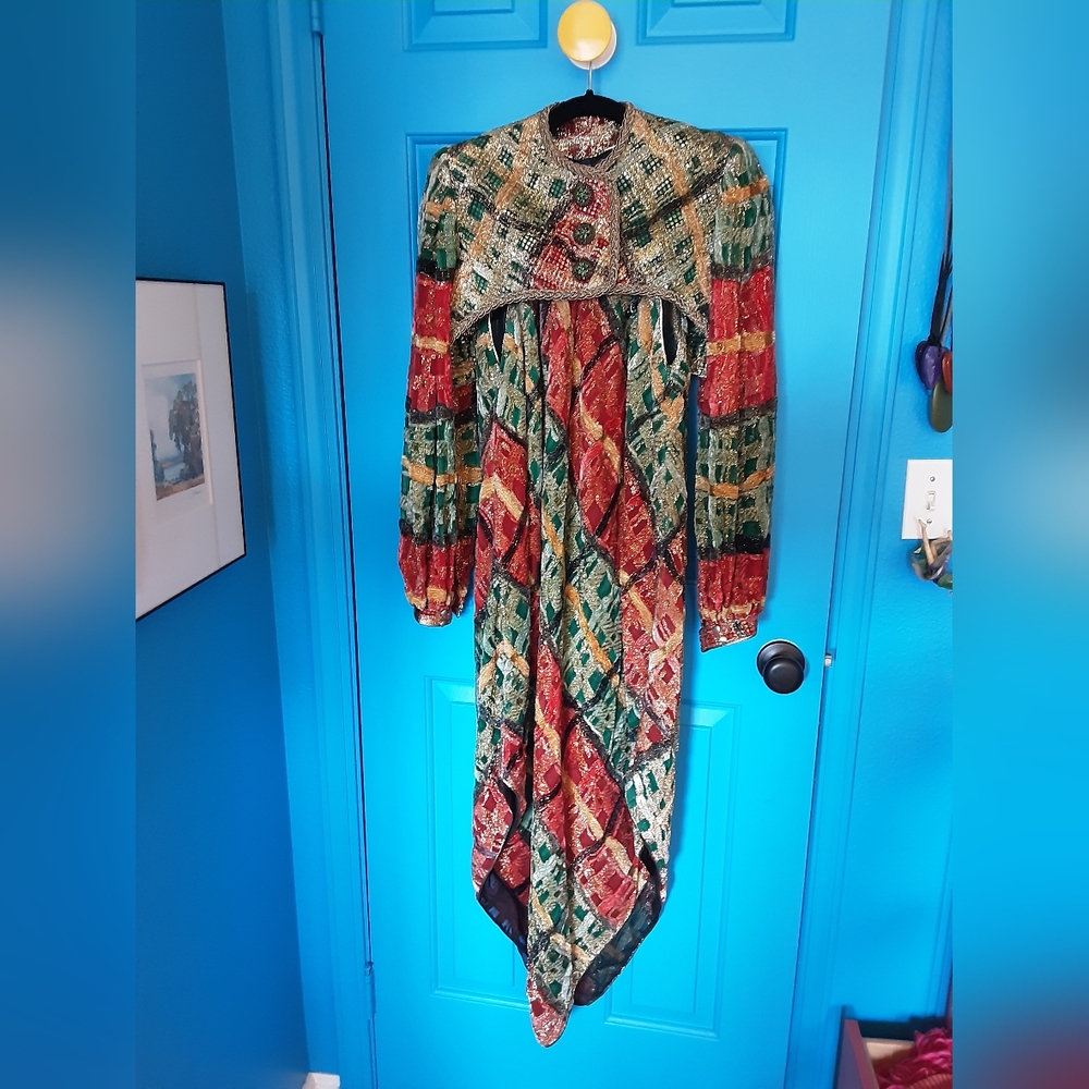 Glittering Bespoke  Dress with Bolero Red Green Gold
